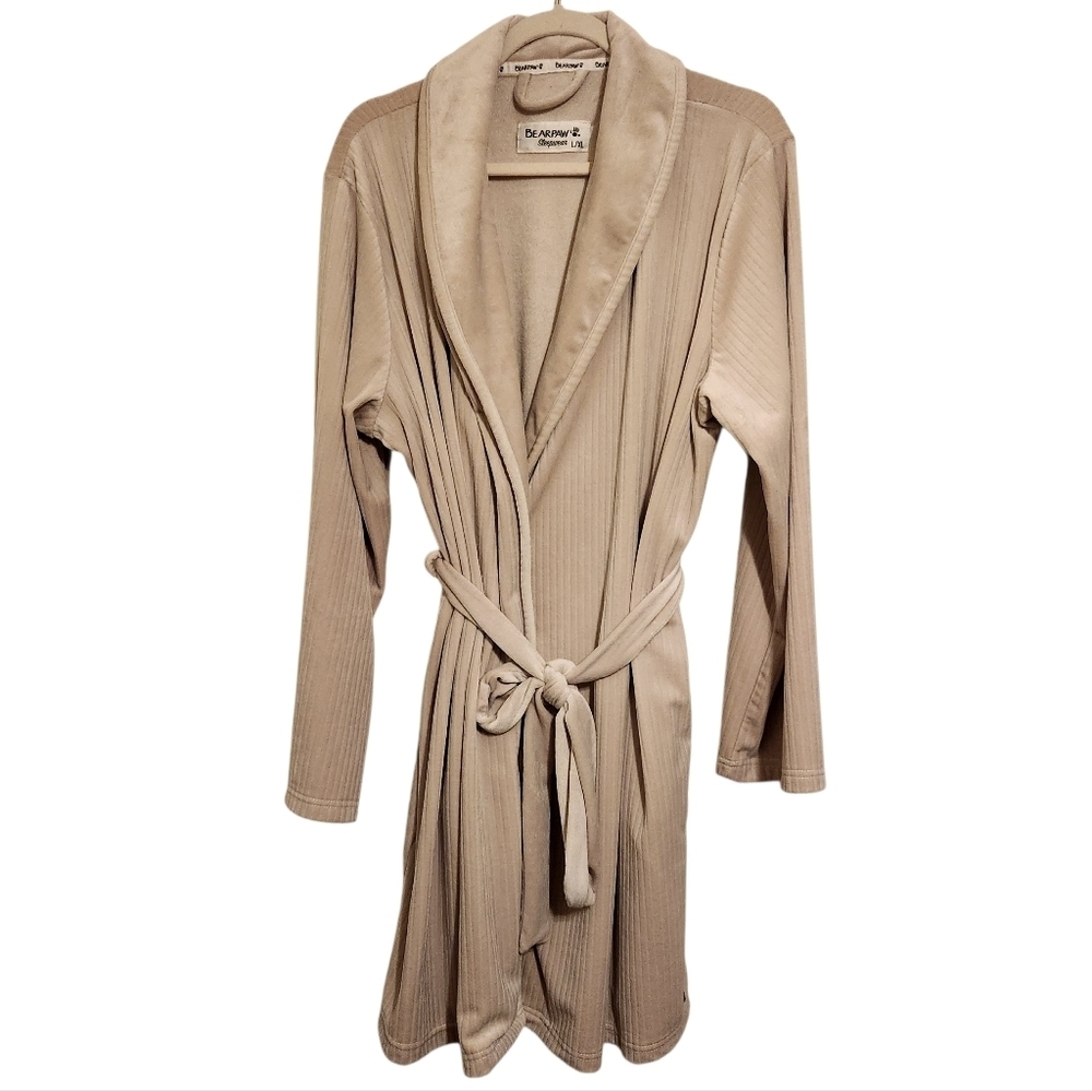 Bear Paw Sleepwear | Women's Soft Tan Ribbed Belted Knee Length Robe (Size L/XL)
